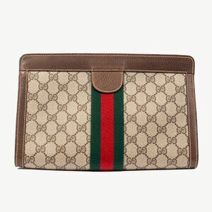 Gucci Accessory Collection Vintage Khaki GG Canvas Web Oversized Clutch